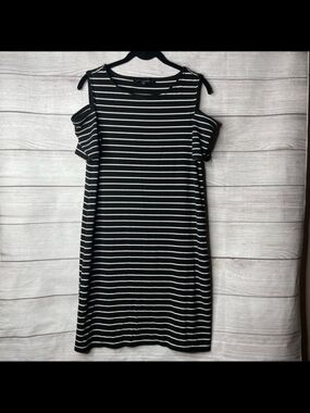 White House Black Market Black & White Striped Cold-Shoulder Dress